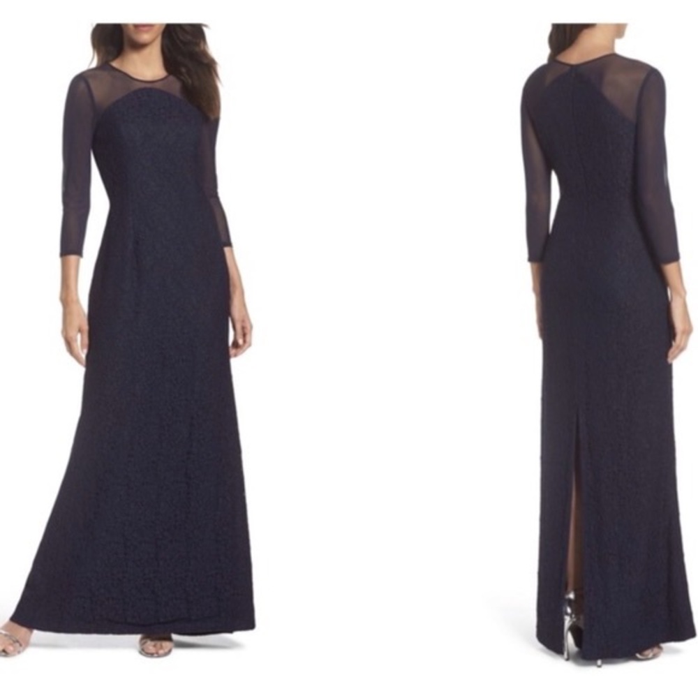 Adrianna Papell Lace Modified Mermaid Gown Navy NWT 6
